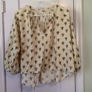 A New Day by Target Boho High-Low White Linen Shirt with Black Design and Ties